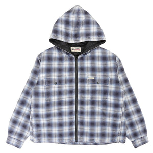 Zip Hooded Plaid Shirt - Blue