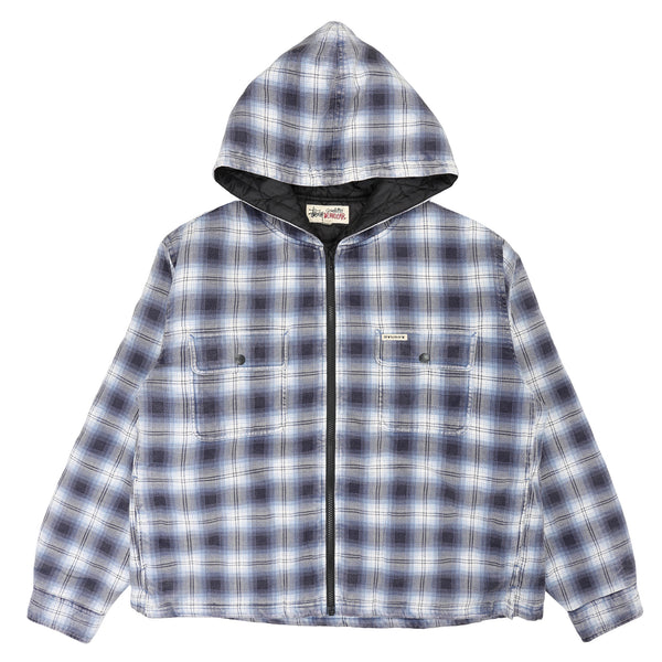 Zip Hooded Plaid Shirt - Blue