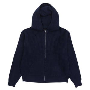 Waffle Cashmere Zip Hood - Deep Navy