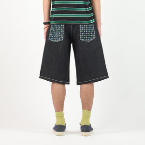 Back Pocket Print Denim Shorts - Black