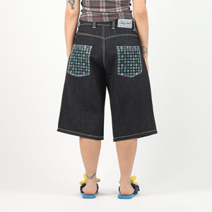 Back Pocket Print Denim Shorts - Black