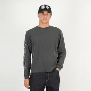 Script Sleeve Waffle Knit Top - Black Garment Dye