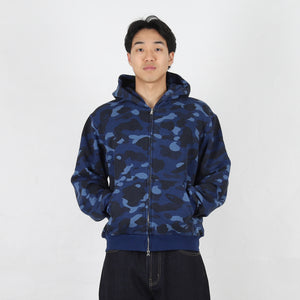 Color Camo Washed Cropped Zip Hoodie - Navy