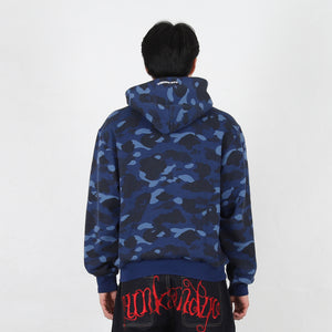 Color Camo Washed Cropped Zip Hoodie - Navy
