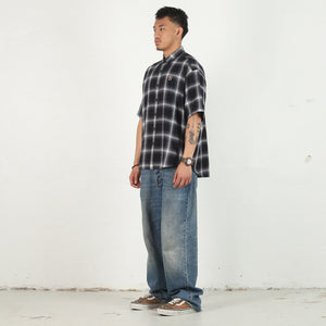 One Point Ombre Check Flannel SS Shirt - Black