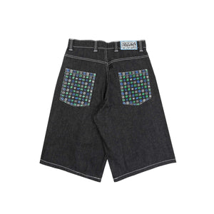 Back Pocket Print Denim Shorts - Black