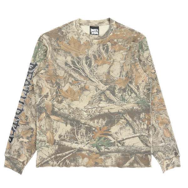 Script Sleeve Waffle Knit Top - Tree Camo